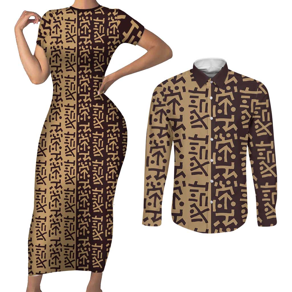 Tribe Script Couples Matching Short Sleeve Bodycon Dress and Long Sleeve Button Shirt with Bold Mudcloth Symbols and Brown Tan Split Design - Wonder Print Shop