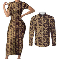 Tribe Script Couples Matching Short Sleeve Bodycon Dress and Long Sleeve Button Shirt with Bold Mudcloth Symbols and Brown Tan Split Design - Wonder Print Shop