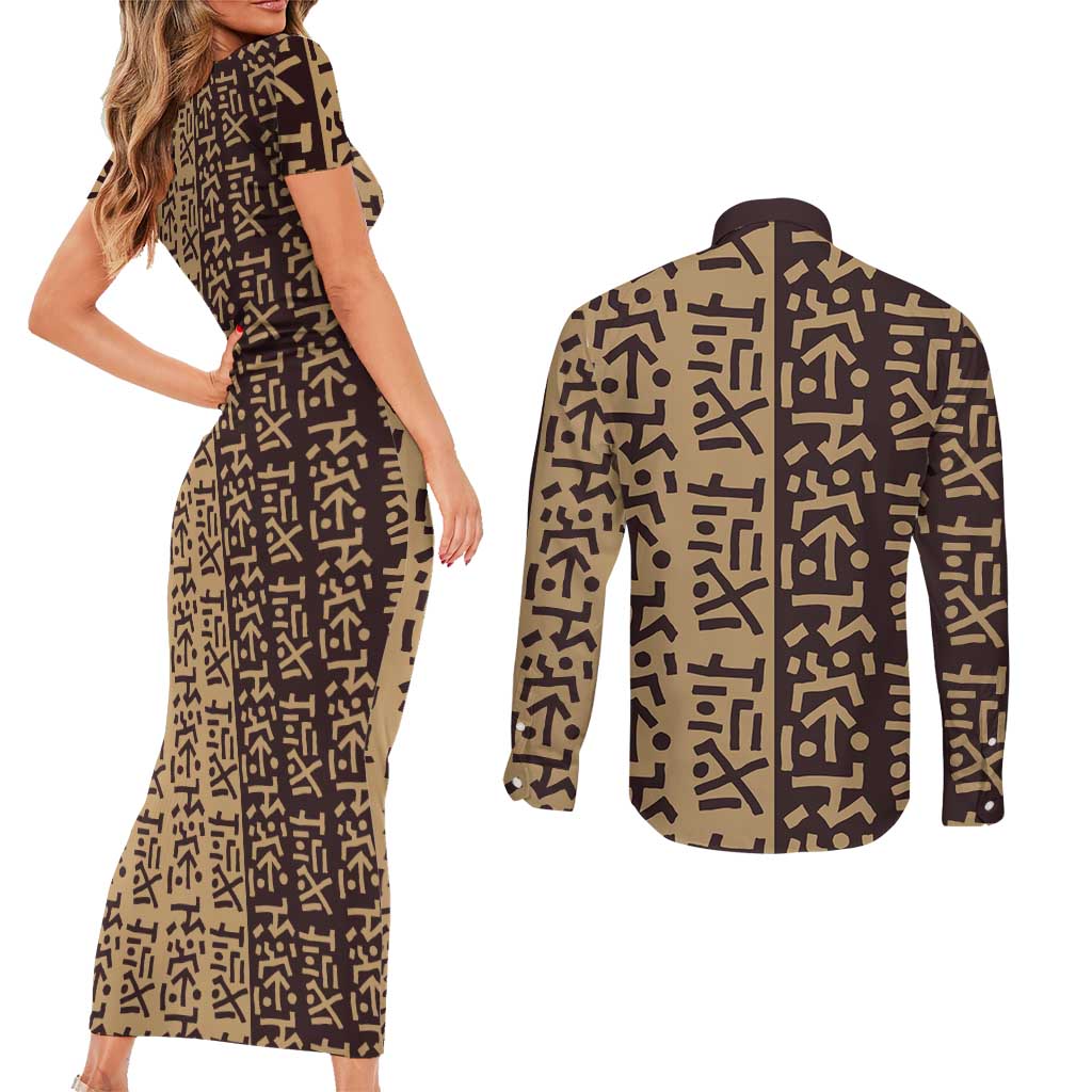 Tribe Script Couples Matching Short Sleeve Bodycon Dress and Long Sleeve Button Shirt with Bold Mudcloth Symbols and Brown Tan Split Design - Wonder Print Shop