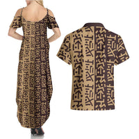Tribe Script Couples Matching Summer Maxi Dress and Hawaiian Shirt with Bold Mudcloth Symbols and Brown Tan Split Design - Wonder Print Shop