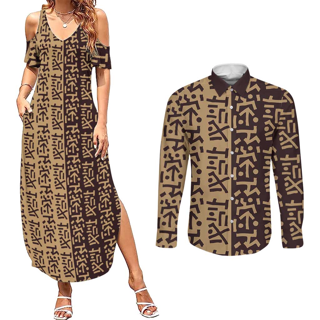 Tribe Script Couples Matching Summer Maxi Dress and Long Sleeve Button Shirt with Bold Mudcloth Symbols and Brown Tan Split Design - Wonder Print Shop