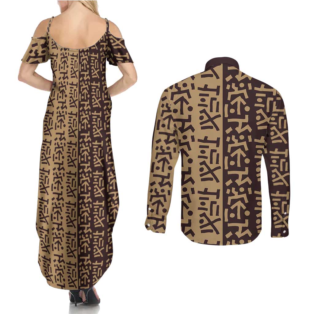 Tribe Script Couples Matching Summer Maxi Dress and Long Sleeve Button Shirt with Bold Mudcloth Symbols and Brown Tan Split Design - Wonder Print Shop
