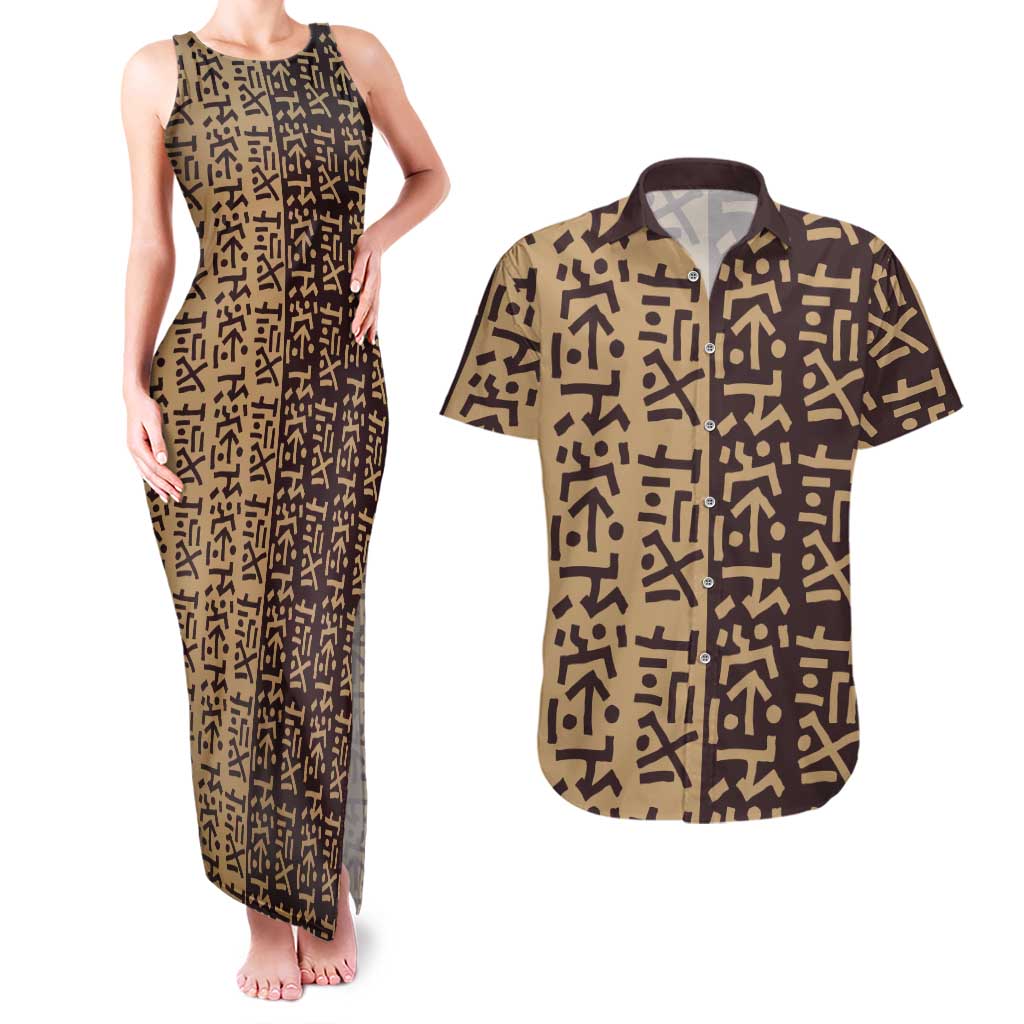 Tribe Script Couples Matching Tank Maxi Dress and Hawaiian Shirt with Bold Mudcloth Symbols and Brown Tan Split Design - Wonder Print Shop