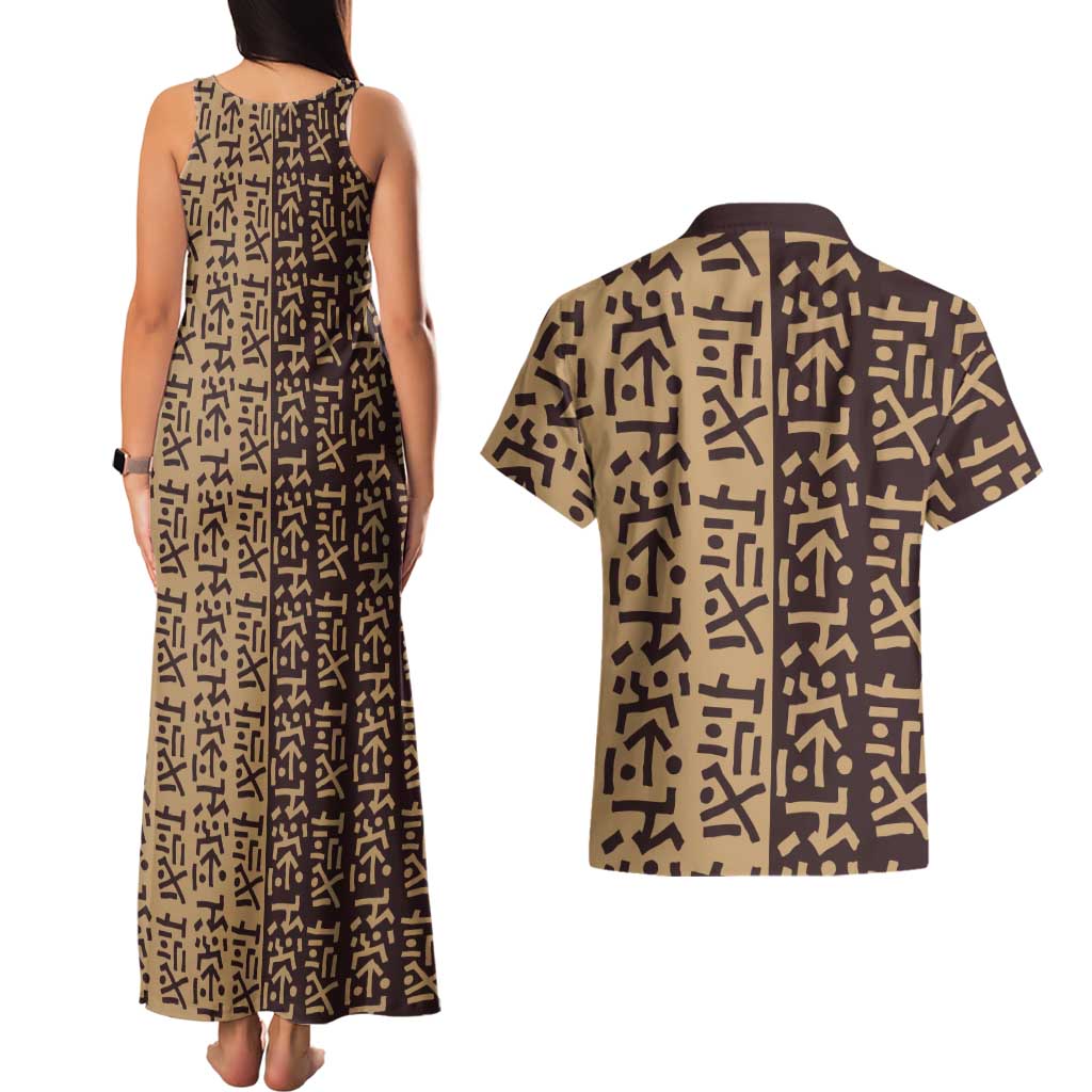 Tribe Script Couples Matching Tank Maxi Dress and Hawaiian Shirt with Bold Mudcloth Symbols and Brown Tan Split Design - Wonder Print Shop