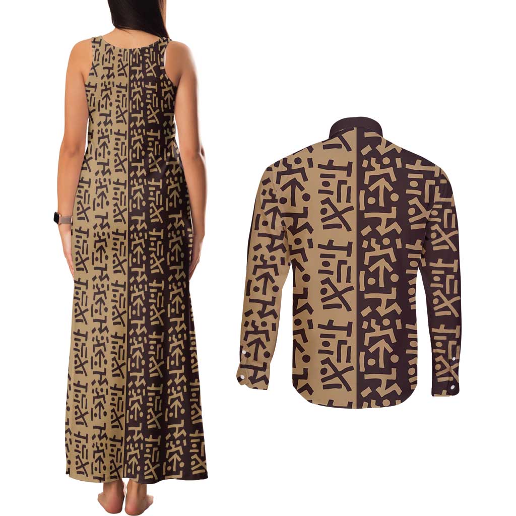 Tribe Script Couples Matching Tank Maxi Dress and Long Sleeve Button Shirt with Bold Mudcloth Symbols and Brown Tan Split Design - Wonder Print Shop