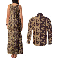 Tribe Script Couples Matching Tank Maxi Dress and Long Sleeve Button Shirt with Bold Mudcloth Symbols and Brown Tan Split Design - Wonder Print Shop