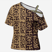 Tribe Script Cross Shoulder Shirt with Bold Mudcloth Symbols and Brown Tan Split Design - Wonder Print Shop