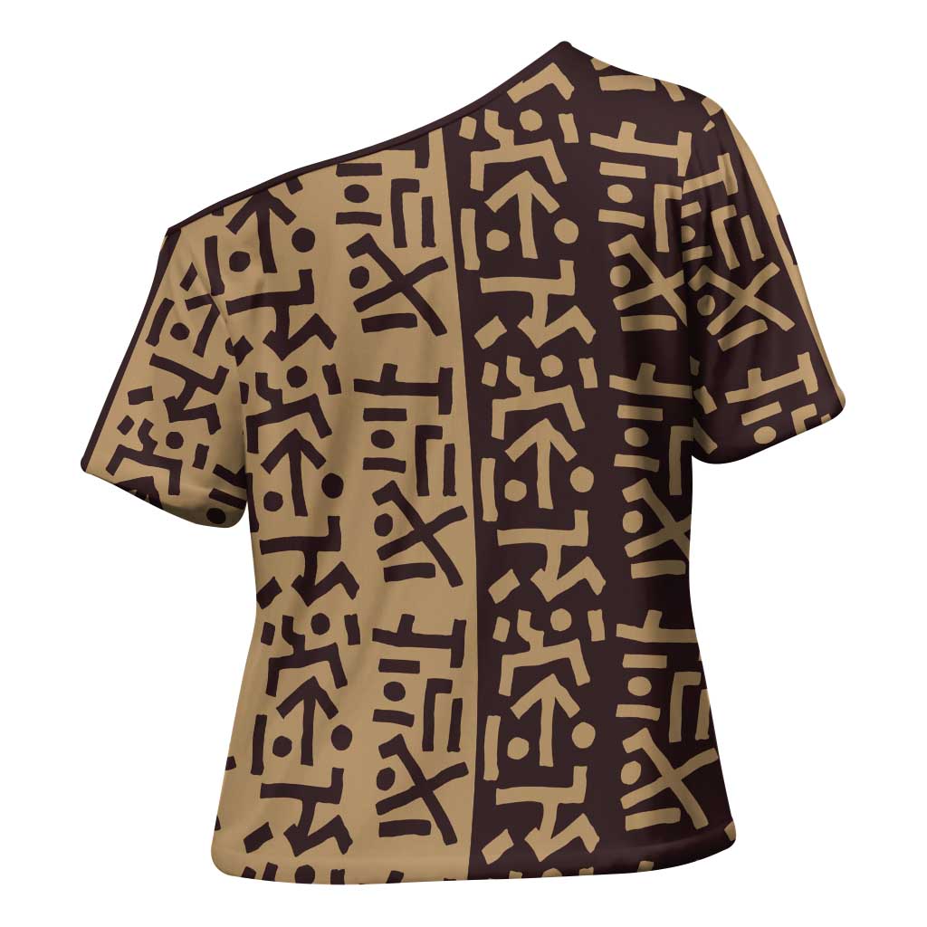 Tribe Script Cross Shoulder Shirt with Bold Mudcloth Symbols and Brown Tan Split Design - Wonder Print Shop