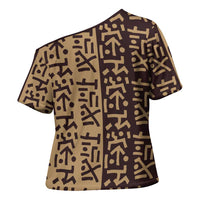 Tribe Script Cross Shoulder Shirt with Bold Mudcloth Symbols and Brown Tan Split Design - Wonder Print Shop