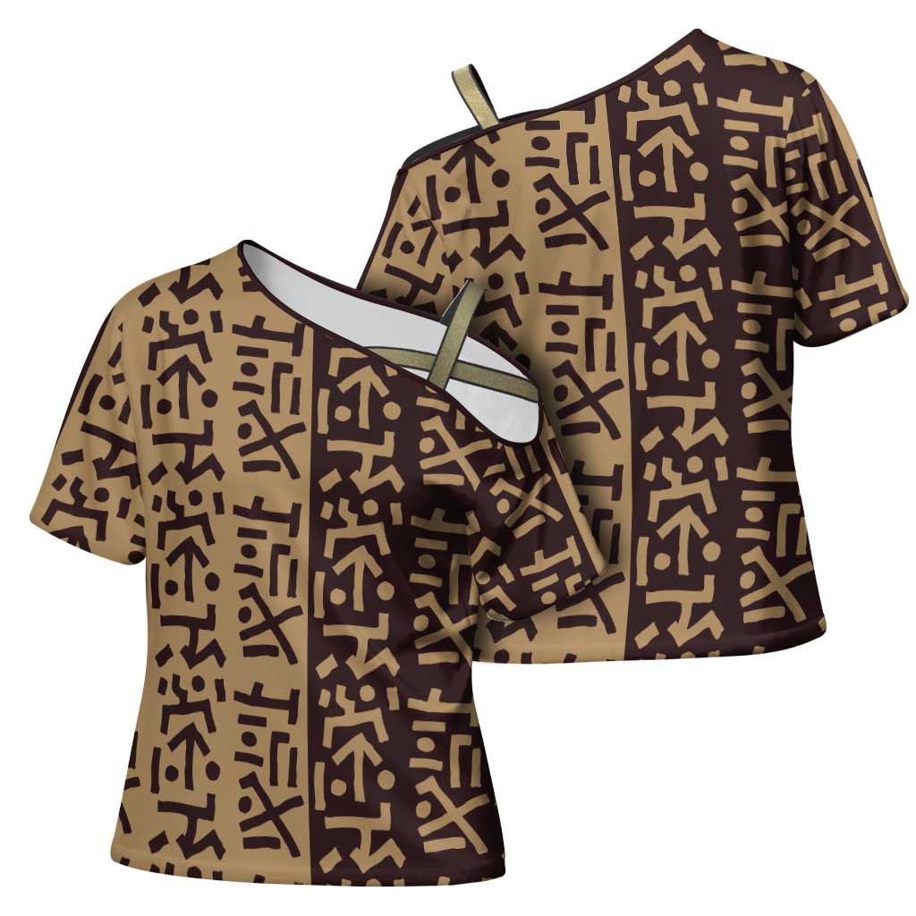 Tribe Script Cross Shoulder Shirt with Bold Mudcloth Symbols and Brown Tan Split Design - Wonder Print Shop