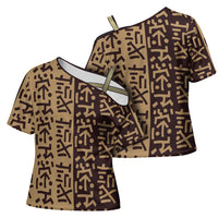 Tribe Script Cross Shoulder Shirt with Bold Mudcloth Symbols and Brown Tan Split Design - Wonder Print Shop