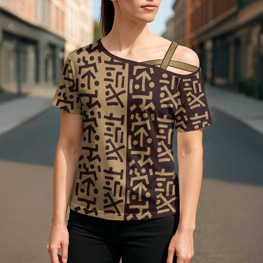 Tribe Script Cross Shoulder Shirt with Bold Mudcloth Symbols and Brown Tan Split Design - Wonder Print Shop