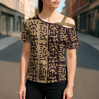 Tribe Script Cross Shoulder Shirt with Bold Mudcloth Symbols and Brown Tan Split Design - Wonder Print Shop