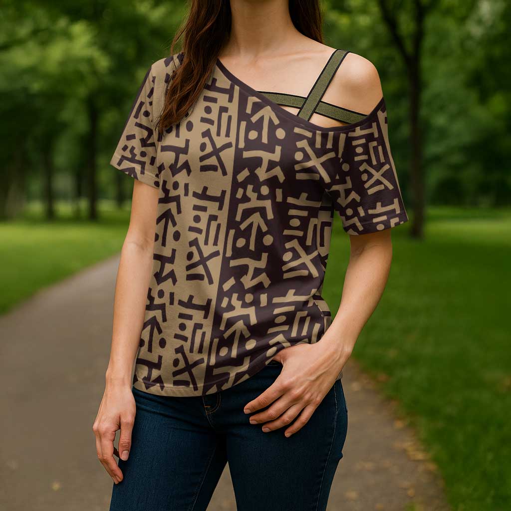 Tribe Script Cross Shoulder Shirt with Bold Mudcloth Symbols and Brown Tan Split Design - Wonder Print Shop