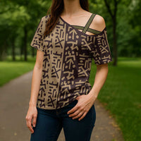 Tribe Script Cross Shoulder Shirt with Bold Mudcloth Symbols and Brown Tan Split Design - Wonder Print Shop