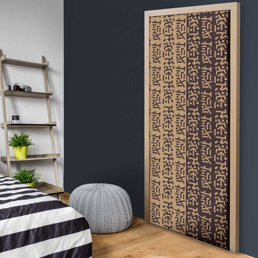 Tribe Script Door Cover with Bold Mudcloth Symbols and Brown Tan Split Design - Wonder Print Shop