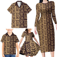 Tribe Script Family Matching Long Sleeve Bodycon Dress and Hawaiian Shirt with Bold Mudcloth Symbols and Brown Tan Split Design - Wonder Print Shop