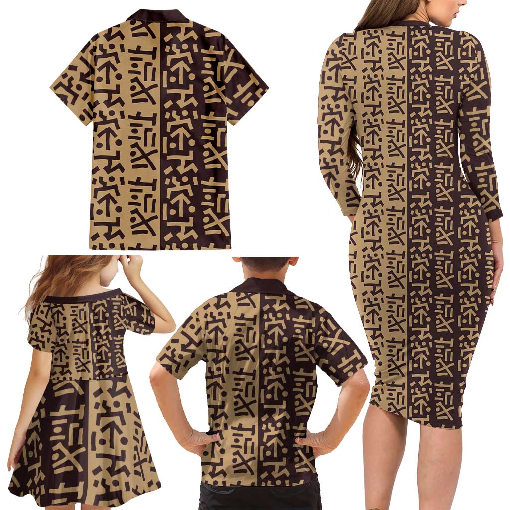 Tribe Script Family Matching Long Sleeve Bodycon Dress and Hawaiian Shirt with Bold Mudcloth Symbols and Brown Tan Split Design - Wonder Print Shop