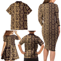 Tribe Script Family Matching Long Sleeve Bodycon Dress and Hawaiian Shirt with Bold Mudcloth Symbols and Brown Tan Split Design - Wonder Print Shop