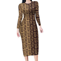 Tribe Script Family Matching Long Sleeve Bodycon Dress and Hawaiian Shirt with Bold Mudcloth Symbols and Brown Tan Split Design - Wonder Print Shop