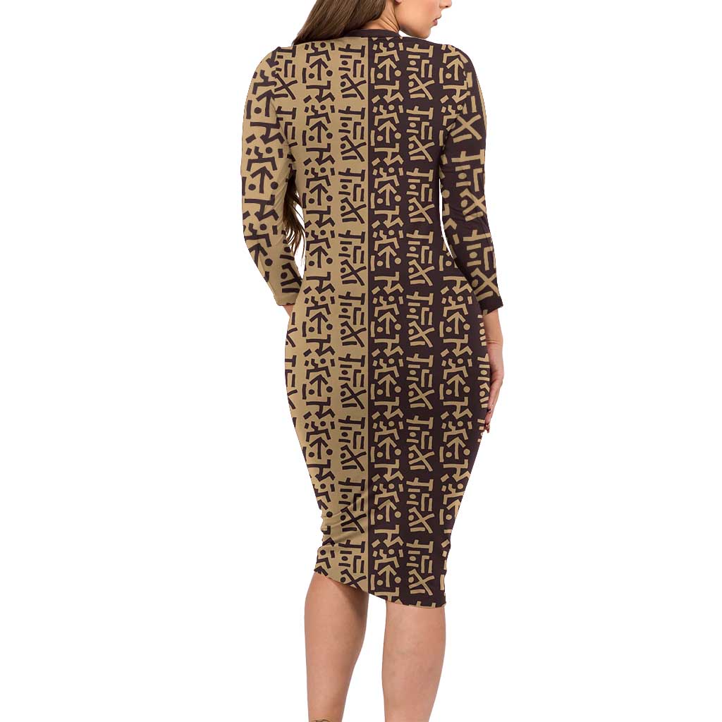 Tribe Script Family Matching Long Sleeve Bodycon Dress and Hawaiian Shirt with Bold Mudcloth Symbols and Brown Tan Split Design - Wonder Print Shop