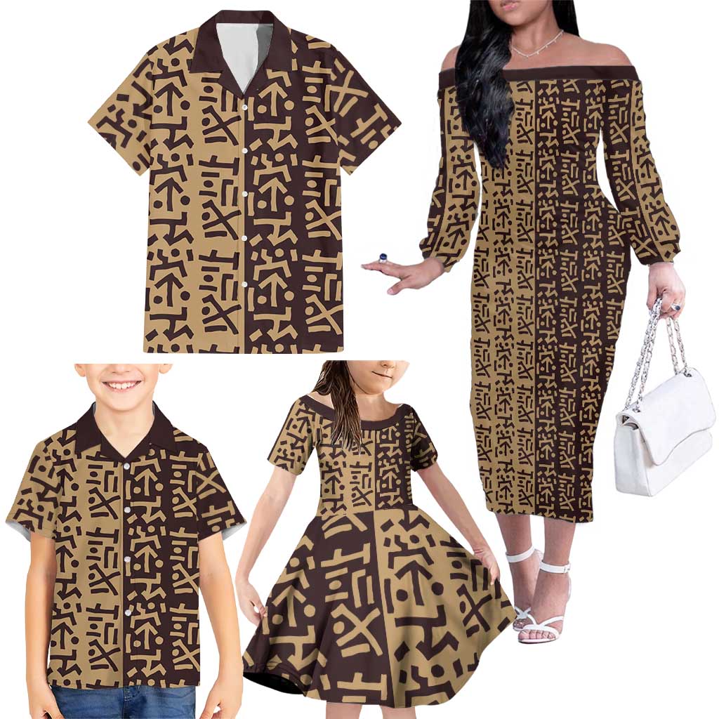 Tribe Script Family Matching Off The Shoulder Long Sleeve Dress and Hawaiian Shirt with Bold Mudcloth Symbols and Brown Tan Split Design - Wonder Print Shop
