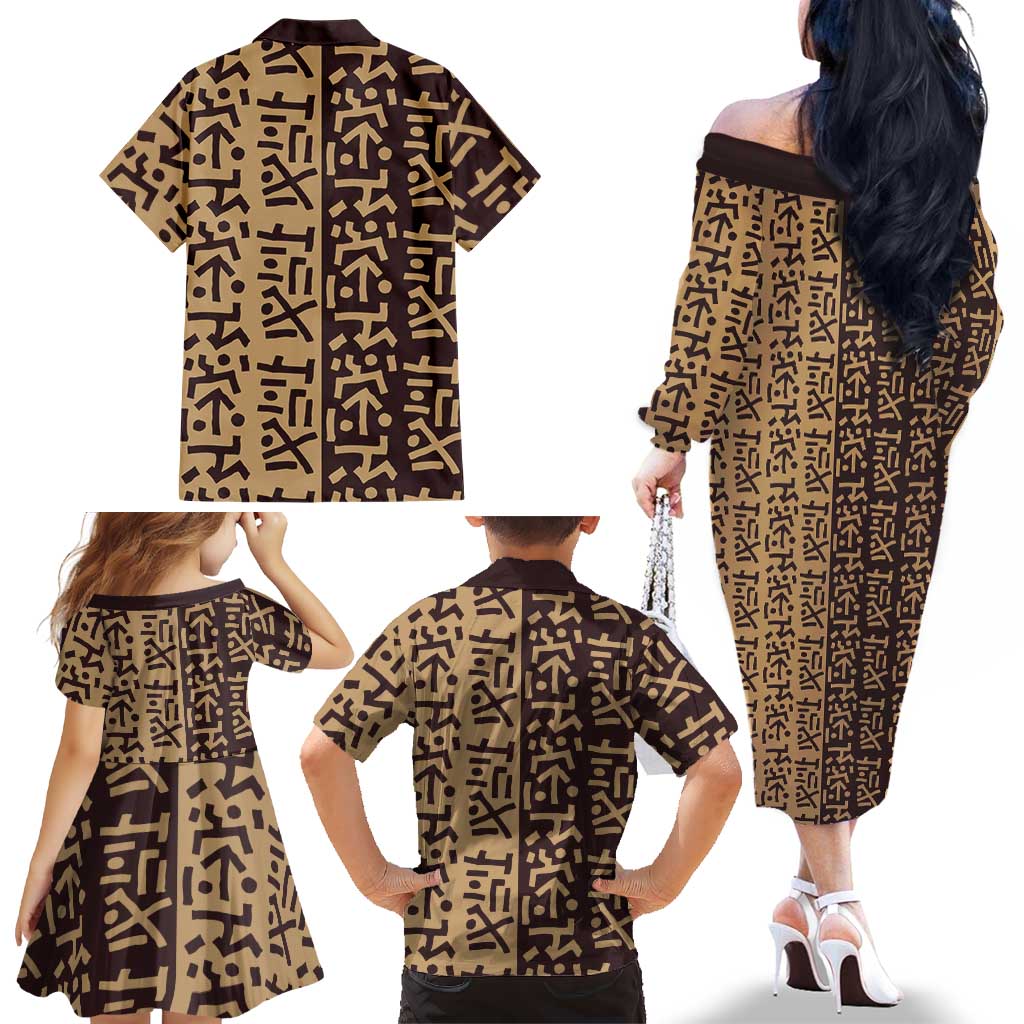 Tribe Script Family Matching Off The Shoulder Long Sleeve Dress and Hawaiian Shirt with Bold Mudcloth Symbols and Brown Tan Split Design - Wonder Print Shop
