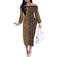 Tribe Script Family Matching Off The Shoulder Long Sleeve Dress and Hawaiian Shirt with Bold Mudcloth Symbols and Brown Tan Split Design - Wonder Print Shop