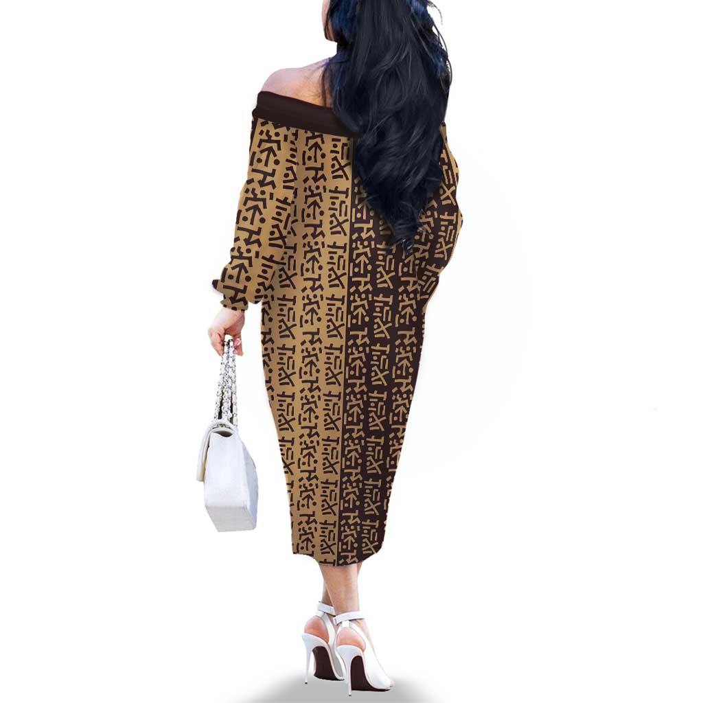 Tribe Script Family Matching Off The Shoulder Long Sleeve Dress and Hawaiian Shirt with Bold Mudcloth Symbols and Brown Tan Split Design - Wonder Print Shop