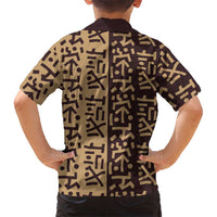 Tribe Script Family Matching Off Shoulder Maxi Dress and Hawaiian Shirt with Bold Mudcloth Symbols and Brown Tan Split Design - Wonder Print Shop