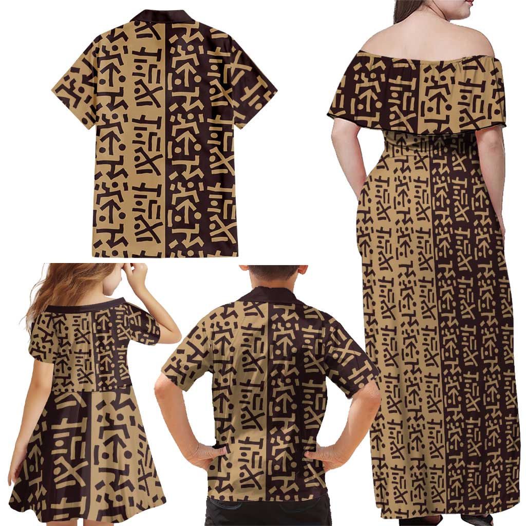 Tribe Script Family Matching Off Shoulder Maxi Dress and Hawaiian Shirt with Bold Mudcloth Symbols and Brown Tan Split Design - Wonder Print Shop