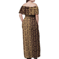 Tribe Script Family Matching Off Shoulder Maxi Dress and Hawaiian Shirt with Bold Mudcloth Symbols and Brown Tan Split Design - Wonder Print Shop