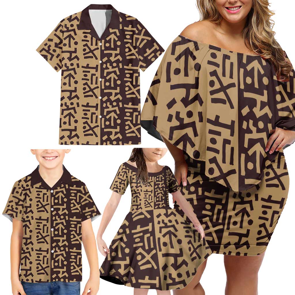Tribe Script Family Matching Off Shoulder Short Dress and Hawaiian Shirt with Bold Mudcloth Symbols and Brown Tan Split Design - Wonder Print Shop