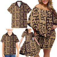 Tribe Script Family Matching Off Shoulder Short Dress and Hawaiian Shirt with Bold Mudcloth Symbols and Brown Tan Split Design - Wonder Print Shop