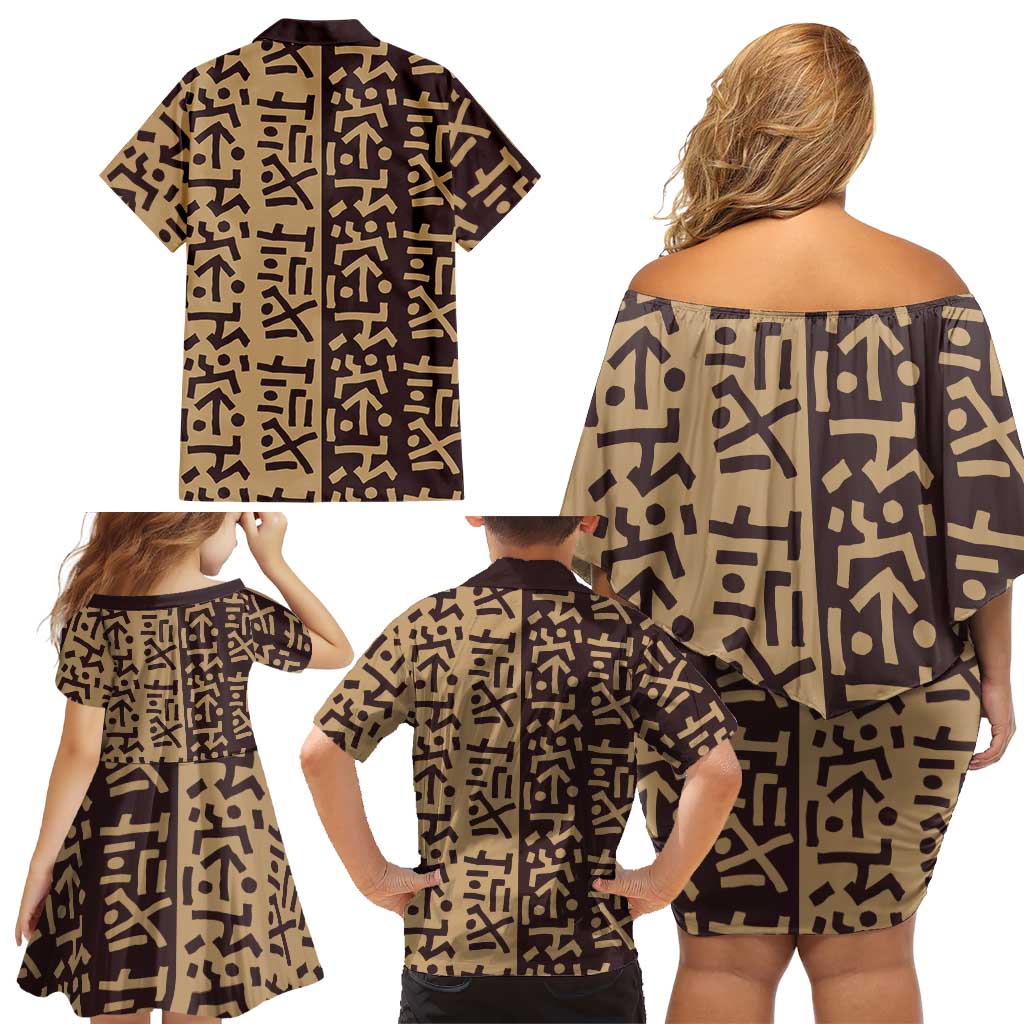 Tribe Script Family Matching Off Shoulder Short Dress and Hawaiian Shirt with Bold Mudcloth Symbols and Brown Tan Split Design - Wonder Print Shop