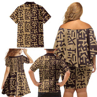 Tribe Script Family Matching Off Shoulder Short Dress and Hawaiian Shirt with Bold Mudcloth Symbols and Brown Tan Split Design - Wonder Print Shop