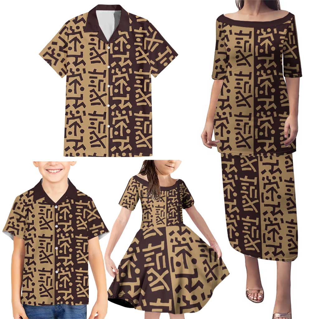 Tribe Script Family Matching Puletasi and Hawaiian Shirt with Bold Mudcloth Symbols and Brown Tan Split Design - Wonder Print Shop