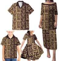 Tribe Script Family Matching Puletasi and Hawaiian Shirt with Bold Mudcloth Symbols and Brown Tan Split Design - Wonder Print Shop