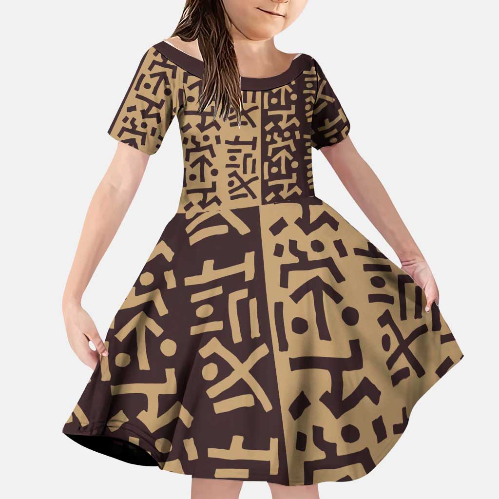 Tribe Script Family Matching Short Sleeve Bodycon Dress and Hawaiian Shirt with Bold Mudcloth Symbols and Brown Tan Split Design - Wonder Print Shop