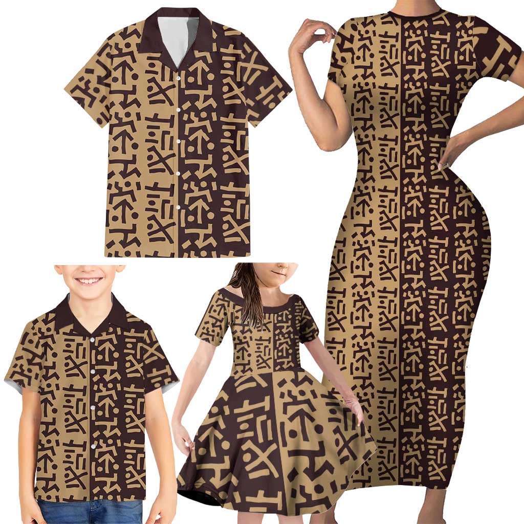 Tribe Script Family Matching Short Sleeve Bodycon Dress and Hawaiian Shirt with Bold Mudcloth Symbols and Brown Tan Split Design - Wonder Print Shop