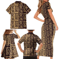 Tribe Script Family Matching Short Sleeve Bodycon Dress and Hawaiian Shirt with Bold Mudcloth Symbols and Brown Tan Split Design - Wonder Print Shop