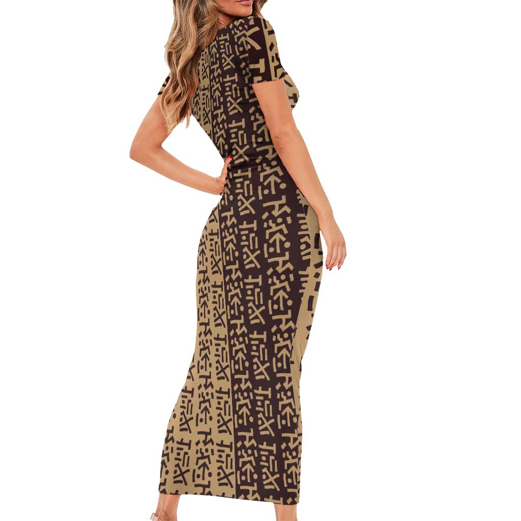 Tribe Script Family Matching Short Sleeve Bodycon Dress and Hawaiian Shirt with Bold Mudcloth Symbols and Brown Tan Split Design - Wonder Print Shop
