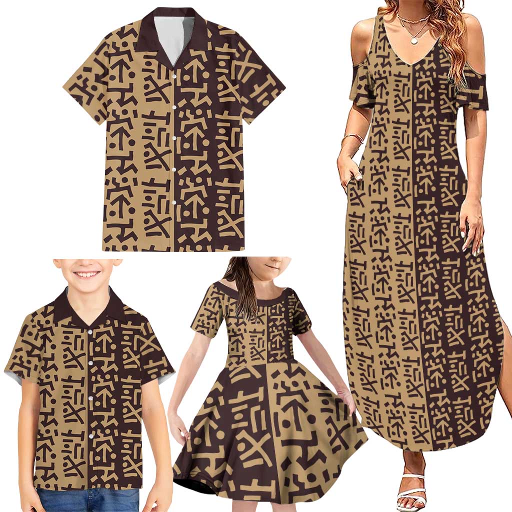 Tribe Script Family Matching Summer Maxi Dress and Hawaiian Shirt with Bold Mudcloth Symbols and Brown Tan Split Design - Wonder Print Shop