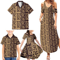 Tribe Script Family Matching Summer Maxi Dress and Hawaiian Shirt with Bold Mudcloth Symbols and Brown Tan Split Design - Wonder Print Shop