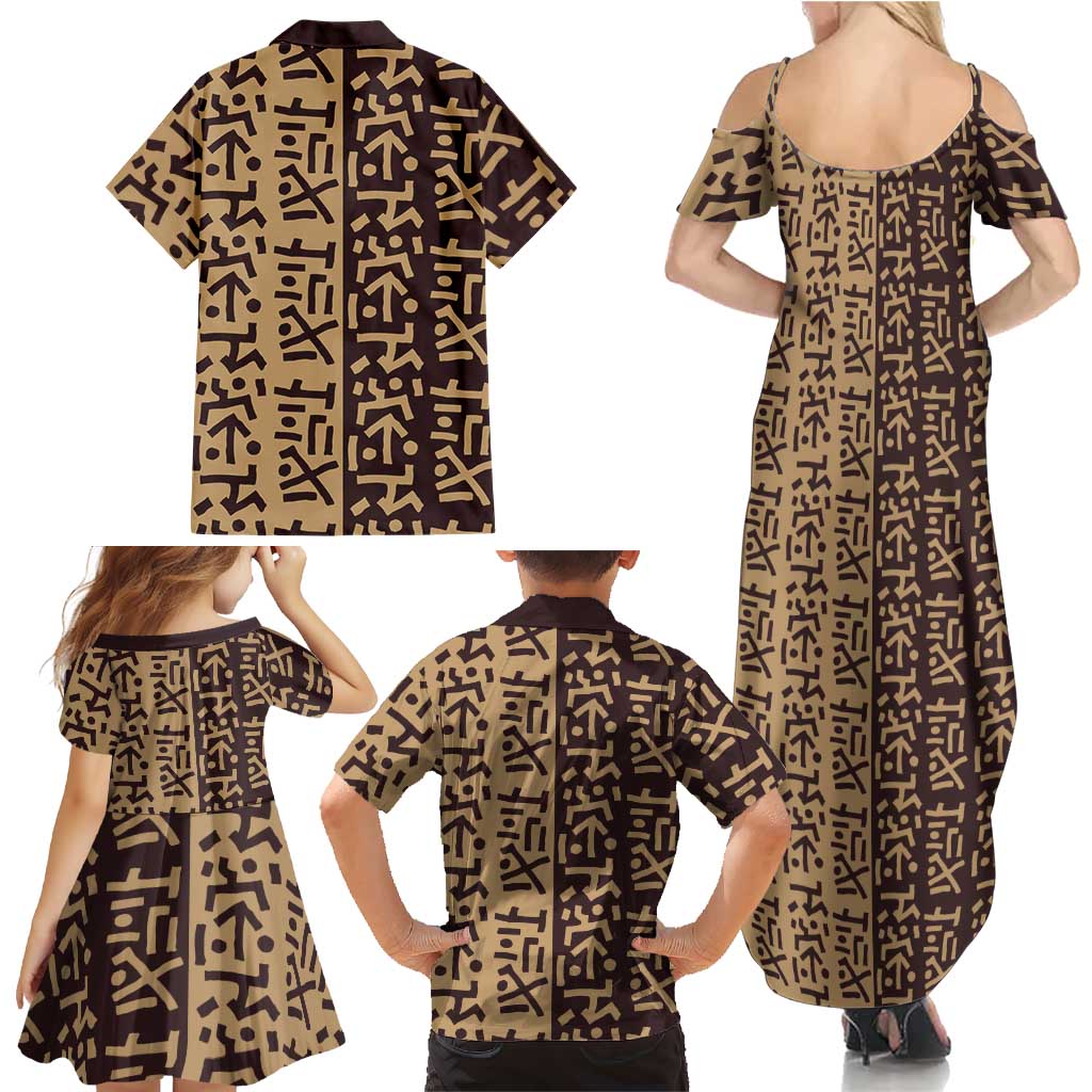 Tribe Script Family Matching Summer Maxi Dress and Hawaiian Shirt with Bold Mudcloth Symbols and Brown Tan Split Design - Wonder Print Shop