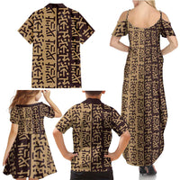 Tribe Script Family Matching Summer Maxi Dress and Hawaiian Shirt with Bold Mudcloth Symbols and Brown Tan Split Design - Wonder Print Shop