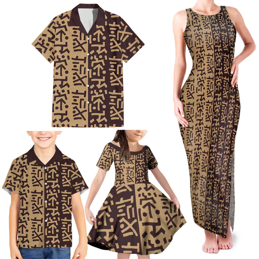 Tribe Script Family Matching Tank Maxi Dress and Hawaiian Shirt with Bold Mudcloth Symbols and Brown Tan Split Design - Wonder Print Shop