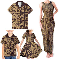Tribe Script Family Matching Tank Maxi Dress and Hawaiian Shirt with Bold Mudcloth Symbols and Brown Tan Split Design - Wonder Print Shop