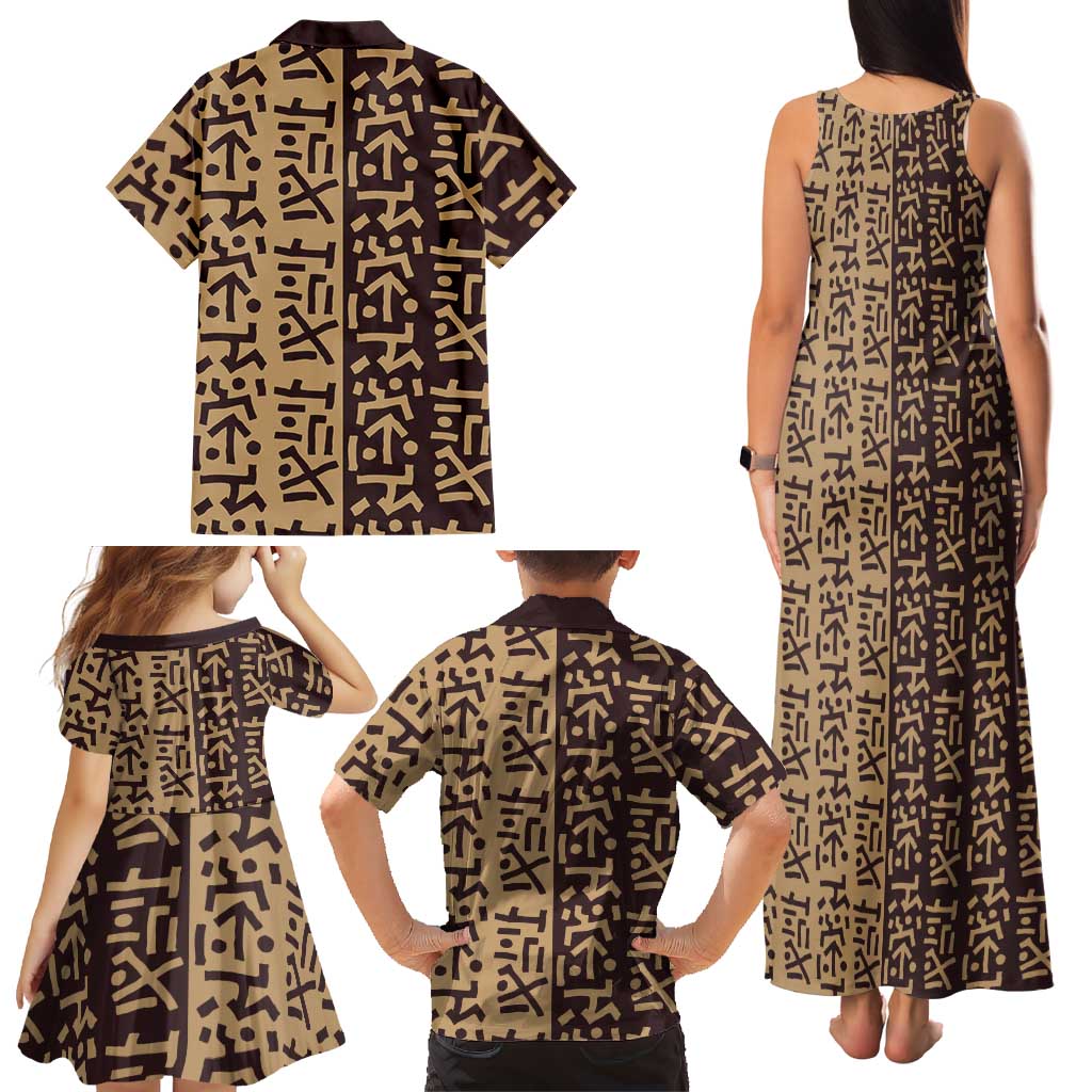 Tribe Script Family Matching Tank Maxi Dress and Hawaiian Shirt with Bold Mudcloth Symbols and Brown Tan Split Design - Wonder Print Shop