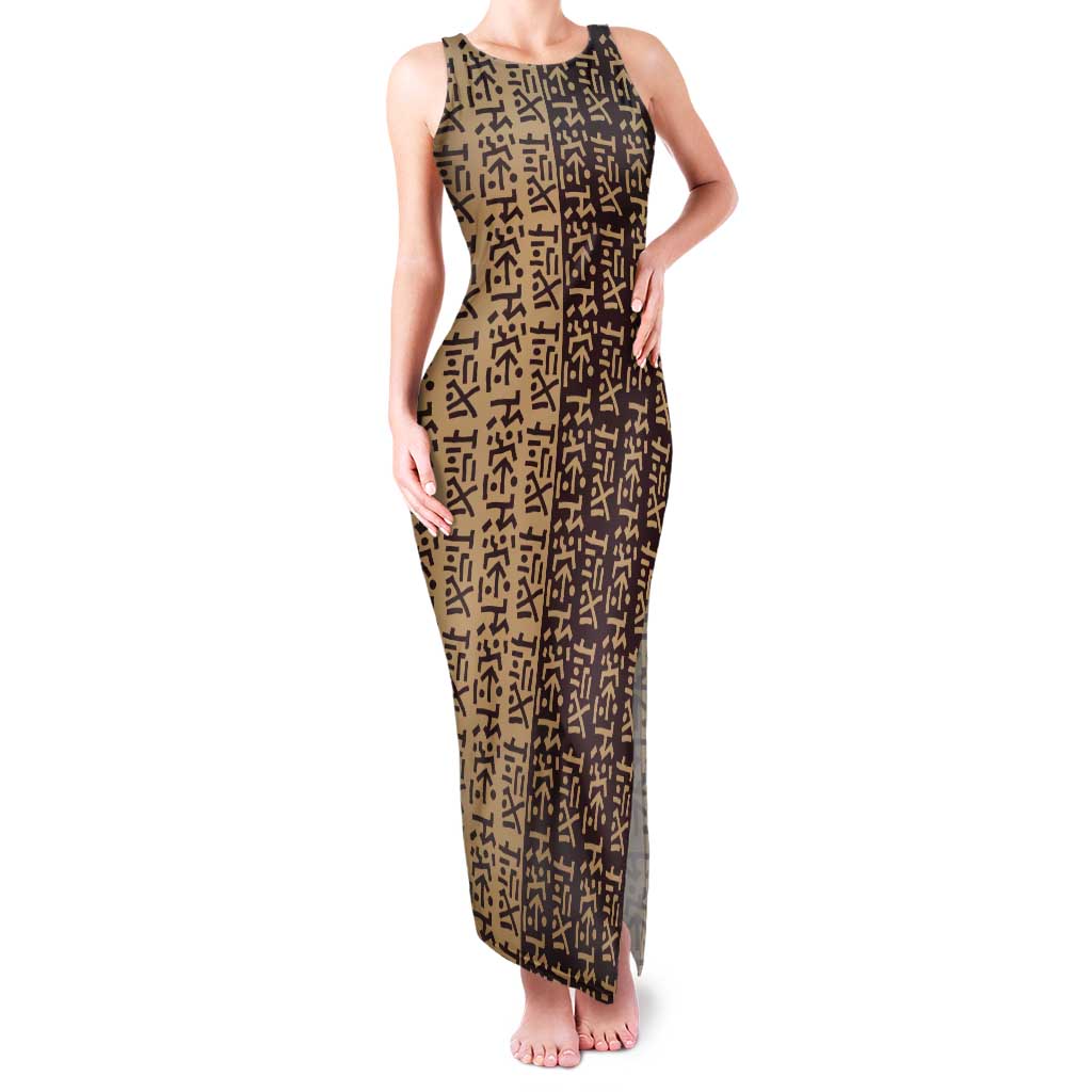 Tribe Script Family Matching Tank Maxi Dress and Hawaiian Shirt with Bold Mudcloth Symbols and Brown Tan Split Design - Wonder Print Shop